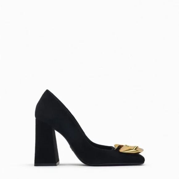 NWT Zara Gold Flower Suede Black Block Heels - Picture 3 of 13